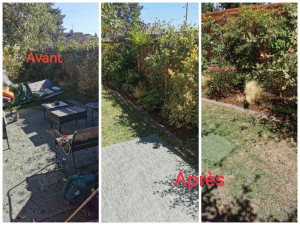 Photo de galerie - Tonte, débroussaillage et taille + mise en terre de nouvelle plantes avec sol en ecorses de bois 