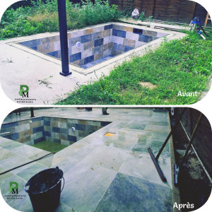 Photo de galerie - Pose de dalle grès cérame contour piscine