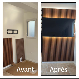 Photo de galerie - Pose de tasseaux et led derrière télé. 