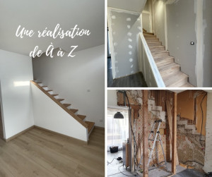 Photo de galerie - Rénovation complète d’un escalier et de son espace intérieur, réalisée de A à Z : démolition, création des cloisons, pose de plaques de plâtre, finitions et aménagement. Un résultat moderne, propre et soigné.