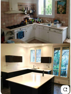 Photo de galerie - Rénovation d'une cuisine avec un îlot central 
reprise des murs et du sol de A jusqu'à z