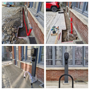 Photo de galerie - Travaux préparatoires pour l'installation d'une borne par un tiers : petit terrassement, tranchée, passage de fourreaux, coulage  fondation avec protection et reprise de dalle avec finition balayée.