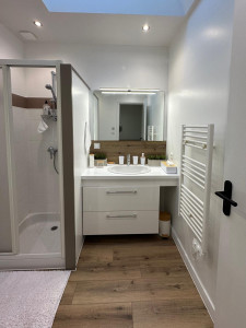 Photo de galerie - Mise en valeur de l’espace avec un nouveau revêtement de sol, installation d’un meuble sous-vasque suspendu, pose d’un miroir contemporain, ajout d’un sèche-serviette et réalisation des peintures murales.
Un projet alliant fonctionnalité et élégance.