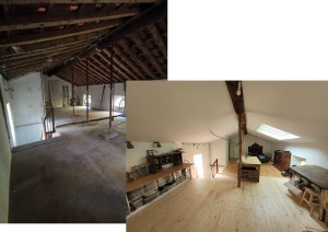 Photo de galerie - Un avant après de combles (avec salle d'eau) réalisé à 100% par mes soins (y compris plomberie, électricité, charpente, VELUX). 
J'ai aussi fait une verrière sur mesure pour la cage d'escalier ainsi qu'un dressing depuis la photo.