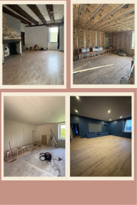 Photo de galerie - La photo correspond à une rénovation d’un salon avec création mur, plafond et pose parquet ! création d’un meuble de télé sur mesure pour vidéo projecteur ultra court focal ! 