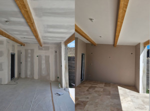 Photo de galerie - Ponçage des bandes à joint dépoussiérage et mise en  peinture des murs en couleur ainsi que le plafond blanc.