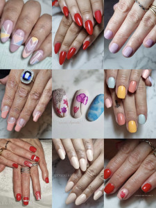 Photo de galerie - Capsules américaines : ongles longs rouges photos du milieu sur la rangée du haut + milieu dans la rangée du bas 
Tout le reste est sur ongles naturels