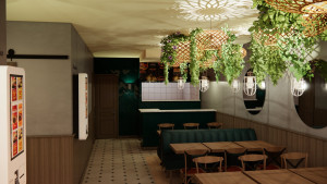 Photo de galerie - Réalisation de plans d'implantation généraux et techniques ainsi que d'une 3D pour un fast food contemporain situé dans le 13eme. 