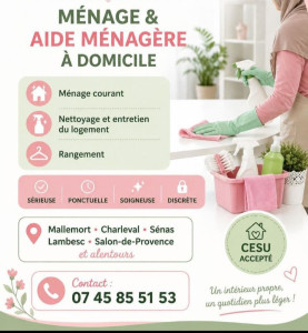 Photo de galerie - Bonjour,

Je propose mes services de ménage à domicile en CESU autour de Mallemort, Salon-de-Provence, Sénas et les alentours.

Je suis sérieuse, ponctuelle et organisée. Je travaille avec soin et je respecte les habitudes de chaque personne.

N’hésitez p