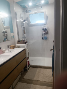 Photo de galerie - Travaux effectués salle de complét plombier carrelage posé baque a douche parois douche mouble avec meroir fonetre