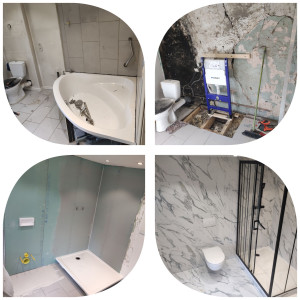 Photo de galerie - Rénovation complète 
remplacement baignoire avec douche 
WC suspendu 
carrelage sol et mur 