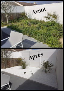 Photo de galerie - Reprise d'un massif très enherbé, mise en place d'une toile et gravier blanc pur avec végétaux.
