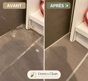 Photo de galerie - Avant/Après du nettoyage d’une salle de bain : bas de baignoire, bas de meubles, aspiration & lavage du sol & nettoyage des minutieux des recoins. 