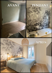 Photo de galerie - Rénovation d'une chambre après un dégât des eaux. 
Ponçage du parquet et vitrification, détapissage, reprise des murs à l'enduit, peinture et pose d'une tapisserie panoramique. 