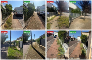 Photo de galerie - Fauchage des accotements et trottoirs : herbes hautes coupées le long des murets, des clôtures et des arbres. Cheminements dégagés, propres et sécurisés pour les piétons. ?