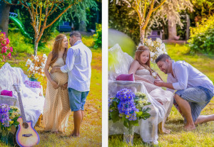 Photo de galerie - Un couple partage des moments d’amour et de complicité lors d’une séance photo de maternité en plein air, entouré de fleurs et de lumière douce