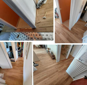 Photo de galerie - Pose d'un parquet contrecollé d'un seul tenant (sans barres de seuil) salon + entrée/couloir + chambres