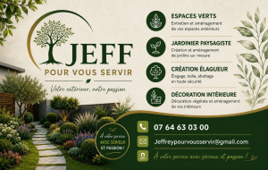 Photo de galerie - ? JEFF – Pour vous servir
JEFF vous accompagne dans l’entretien et l’aménagement de vos espaces extérieurs et intérieurs : espaces verts, création de jardins, élagage, taille, abattage et décoration végétale.
Un service sérieux, soigné et passionné.