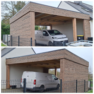 Photo de galerie - Carport double dimensions : 6.50x6.50m
Hauteur : 3.50m.

- Structure en poutre lamellé collée. 
- Bardage en douglas type claire-voie. 
- Couverture en bac acier. 
