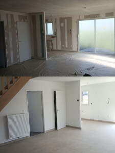 Photo de galerie - Rénovation intérieure – Avant / Après  Préparation et protection des surfaces, travaux de finition et mise en peinture des murs et plafonds. Résultat propre, soigné et professionnel.
