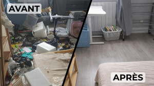 Photo de galerie - Transformation complète d’une chambre insalubre et encombrée en un espace propre, sain et prêt à être réutilisé, grâce à un désencombrement total et un nettoyage intensif.