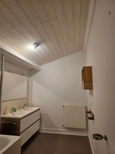 Photo de galerie - Pose et peinture d'un plafond à lattes de pin semi-rustique