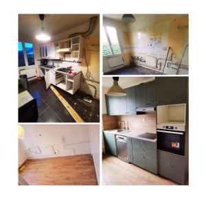 Photo de galerie - Rénovation complète cuisine, dépose ancienne cuisine, enduit, peinture, parquet, pose nouvelle cuisine 