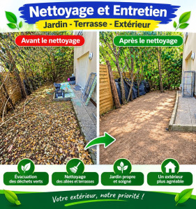 Photo de galerie - Nettoyage et entretien de jardin :
Nous nettoyons et entretenons votre jardin avec soin : ramassage des feuilles, nettoyage du terrain, désherbage et évacuation des déchets verts. Retrouvez un jardin propre, agréable et bien entretenu