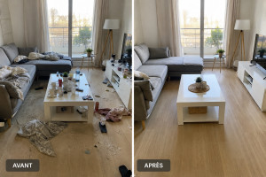Photo de galerie - Avant/après d’une prestation de ménage avec nettoyage des surfaces, rangement et entretien du sol.
