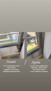 Photo de galerie - Rebouchage d’un trou profond atteignant la structure métallique, avec remise à niveau complète du mur et préparation soignée pour finition peinture