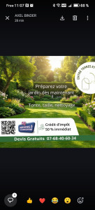 Photo de galerie - 50% de crédit d impôt immédiatement.
Tonte, tailles, nettoyage de vos espaces verts.
Devis gratuit.
