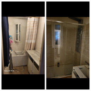 Photo de galerie - Dépose baignoire et pose de bac de douche , paroie de douche et carrelage mural .
