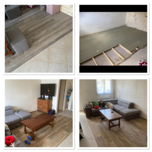 Photo de galerie - Remplacement d’un parquet flottant sur une estrade pour un carrelage imitation parquet 