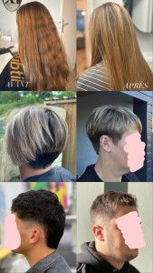 Photo de galerie - 1 et 2 : balayage+patine 3 et 4 : mèches/patine/coupe 5 : coupe homme tondeuse 6 : coupe homme 100% ciseaux 