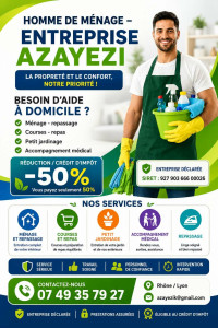 Photo de galerie - Bonjour,
Je propose des services de ménage et aide à domicile sur Lyon et alentours. Travail sérieux, rapide et soigné.Services :Ménage – repassageCourses – préparation de repasPetit jardinageAccompagnement médicalEntreprise déclarée – Crédit d’impôt 50%

