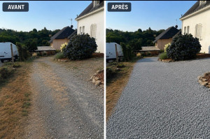 Photo de galerie - Rénovation d’une allée extérieure : remplacement d’un gravier ancien par une finition propre et uniforme. Un aménagement qui apporte plus d’esthétisme, de confort et valorise l’entrée de la propriété.