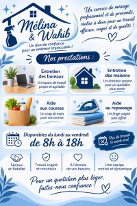 Photo de galerie - ?✨ Mélina & Wahib – Duo de ménage à votre service ! ✨?

Nous vous proposons nos services pour l’entretien de vos maisons et bureaux, l’aide aux courses et le repassage.

? Disponibles du lundi au vendredi, de 8h à 18h. 