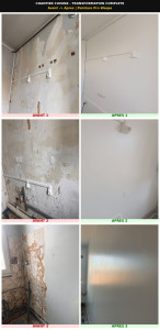 Photo de galerie - RÉNOVATION CUISINE COMPLÈTE - Murs très abîmés

AVANT : Enduit arraché, trous, fissures, traces d'ancienne faïence
APRÈS : Rattrapage complet + 2 couches peinture blanche

✅ Ponçage, enduit, ratissage, peinture pro
? Paris / Île-de-France - Devis gratuit