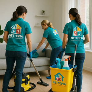 Photo de galerie - 1. Nettoyage résidentiel
L’équipe Nettopia en action dans un intérieur moderne : des professionnelles équipées et souriantes assurent un nettoyage impeccable, avec rigueur et passion.