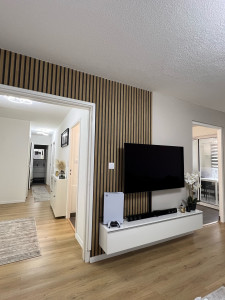 Photo de galerie - Aménagement complet d'un coin TV : pose de tasseaux décoratifs, fixation murale de l'écran et montage du meuble bas. Travail soigné et esthétique.