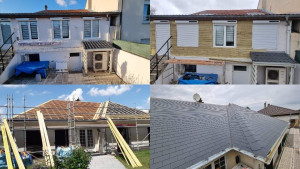 Photo de galerie - Réalisation d'un bardage.  (avant-après).
toiture en ardoises. (pendant travaux-toiture finie)
