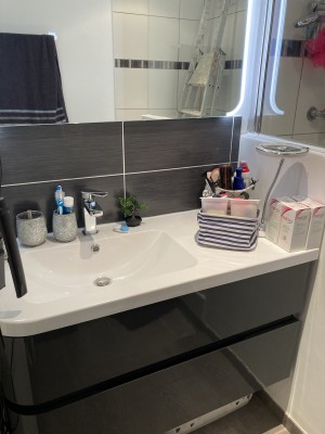 Photo de galerie - Remplacement d'un meuble de salle de bain, vasque et robinet. Pose de carrelage et d'un miroir.