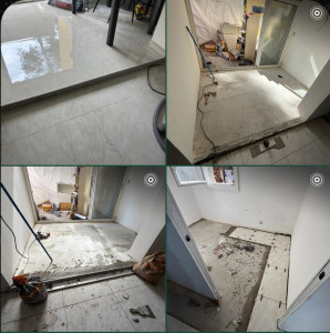 Photo de galerie - Préparation du support, ragréage et pose de carrelage grand format avec profilé de finition. Pose carrelage, grand format, grès cérame, ragréage sol, profilé de transition, colle carrelage, joints.