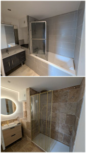 Photo de galerie - Transformation d'une salle de bain sur la région lilloise 

rénovation en travertin taillé 
douche design

pour une salle de bain chaleureuse et naturel 
