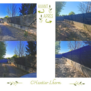 Photo de galerie - Chantier au Lherm. 
clôture grillage souple hauteur 1m50 sur murette avec pose du brise vue