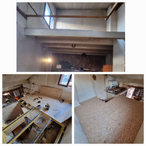 Photo de galerie - Dépose de l'ancien plancher et création d'une mezzanine avec trémie d'escalier sur 2 jours 