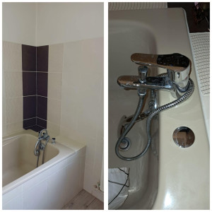 Photo de galerie - Installation d'un mitigeur bain douche en remplacement d'un ancien robinet des années 70. Modification de l'alimentation en eau en cuivre + installation trappe de visite.  
