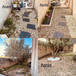 Photo de galerie - Jardinage : tonte de pelouse, entretien, plantation de plantes, désherbage et création de décorations extérieures (bordures, galets).