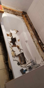 Photo de galerie - Remplacement baignoire – support bois abîmé par l’humidité, dépose et préparation pour rénovation. 