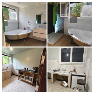 Photo de galerie - Transformation d'une cuisine en salle de bain.
Installation du tablier de baignoire et peinture effectués par le client par la suite.